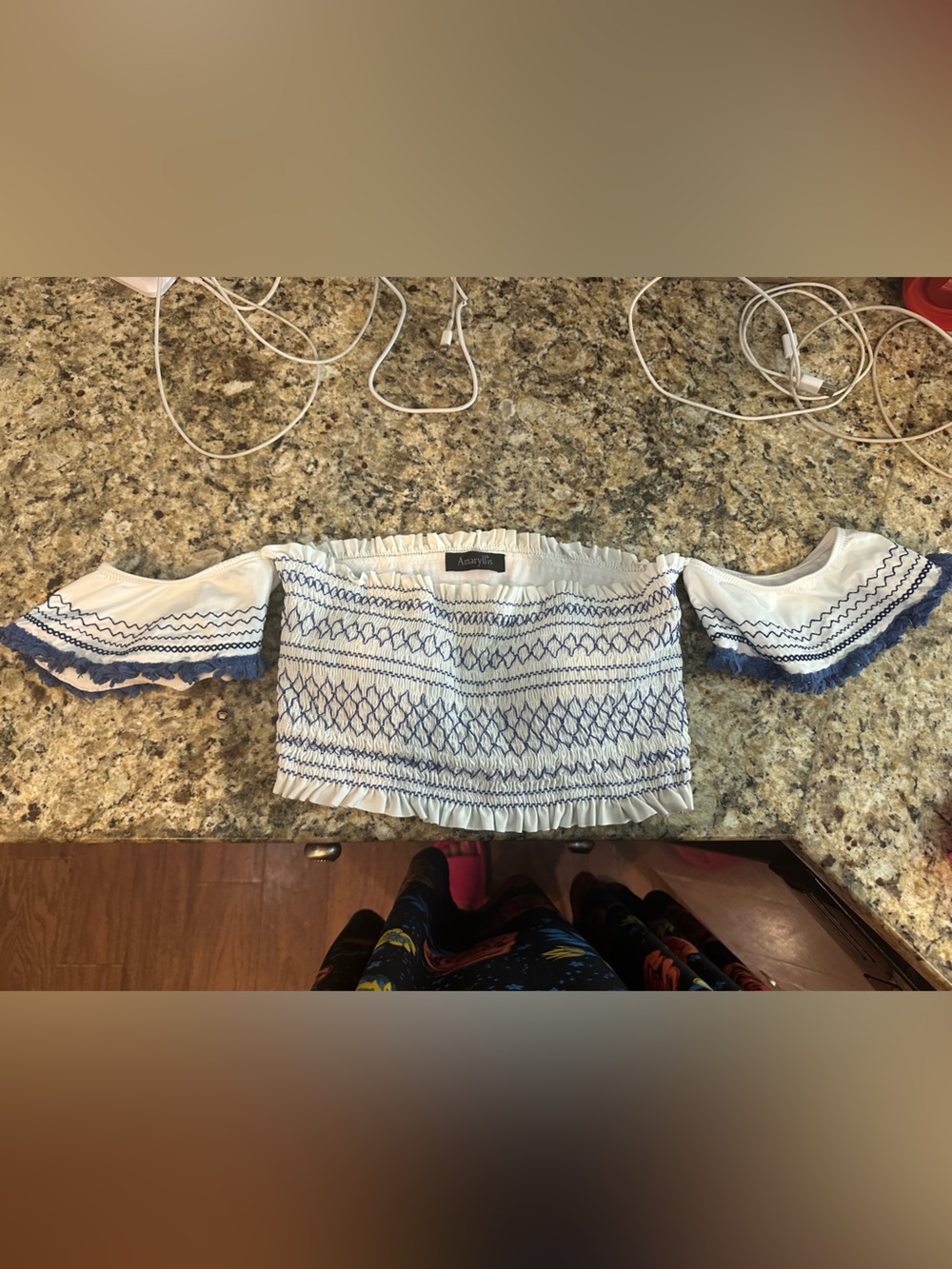Amaryllis White Smocked Top with Blue Embroidery Detail